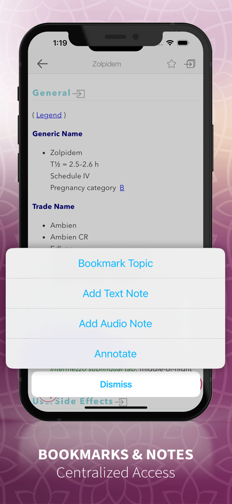 PsychNotes: Clinical Pkt Guide - PsychNotes app screenshot showing drug information for Zolpidem with bookmark and note options.