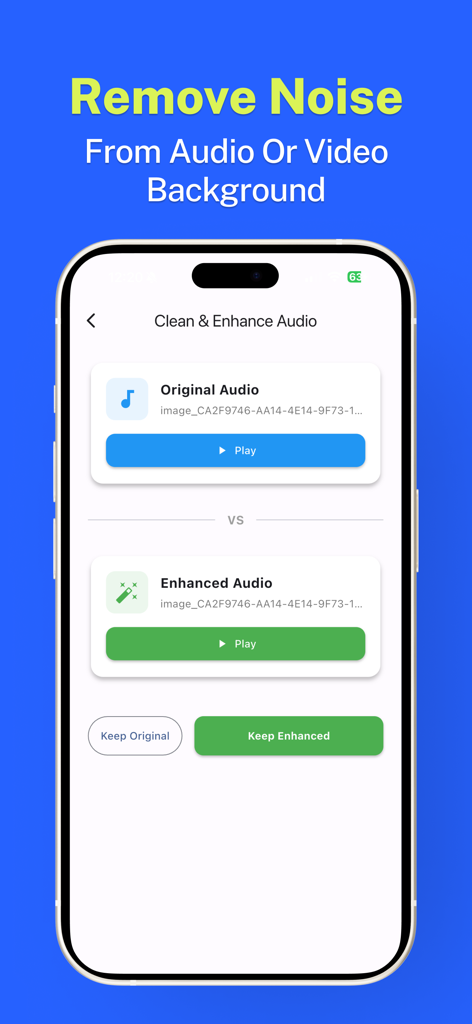 Pantalla de smartphone mostrando la función de eliminación de ruido de fondo y mejora de audio de la aplicación Convertidor de Video a MP3.
