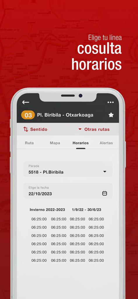 Mobile app interface displaying bus schedules and departure times for a Bilbobus route