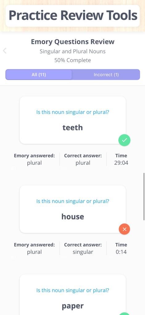 Learn Grammar 3rd Grade - Practice review screen in the Learn Grammar 3rd Grade app showing singular and plural noun questions