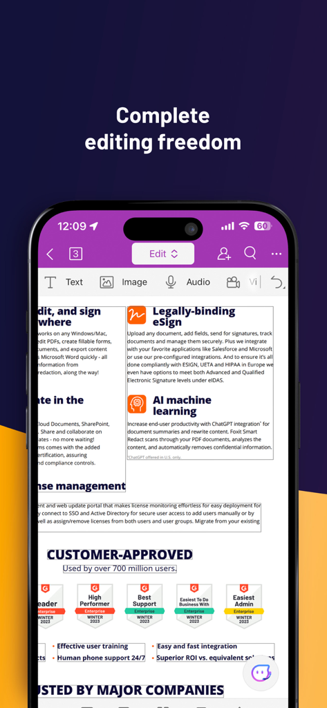 Foxit PDF Editor - Foxit PDF Editor app on a smartphone showing document editing and legally binding eSign features