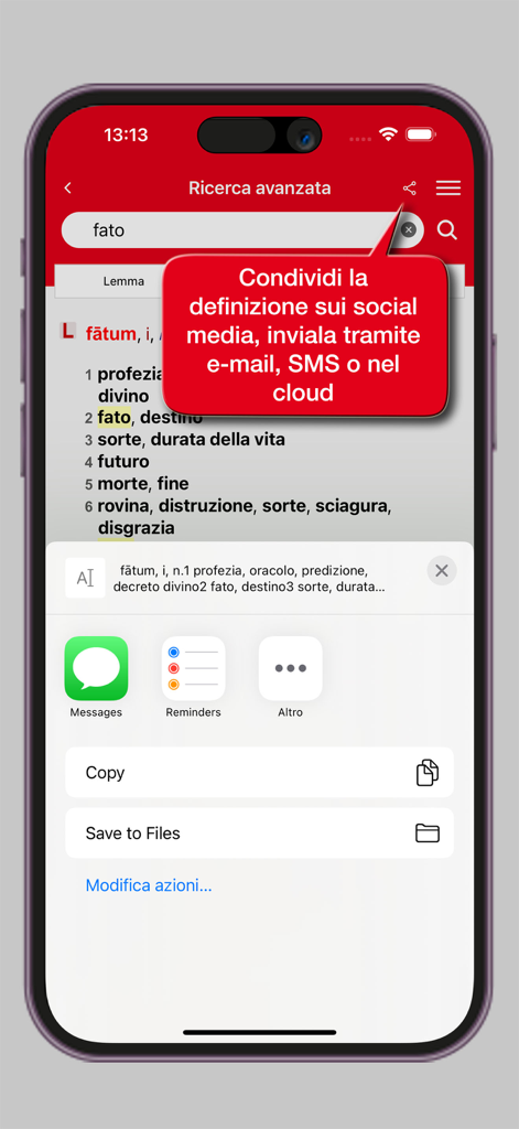 Oberfläche der Hoepli Latin Dictionary App, die die Option zur Freigabe einer Wortdefinition auf iOS demonstriert.