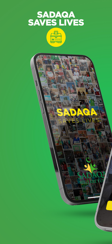 Sadaqa - Interfaz de la aplicación de caridad Sadaqa en la pantalla de un smartphone con el lema Sadaqa Salva Vidas.