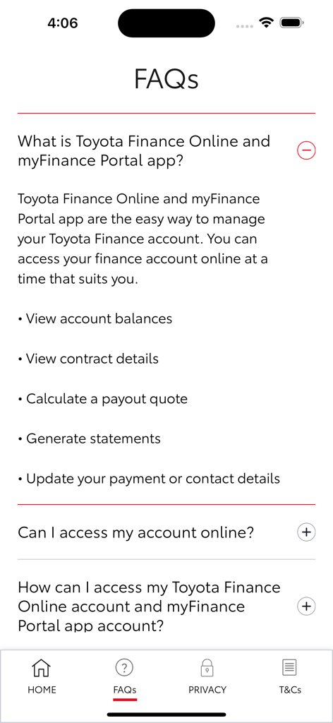 Bildschirm 'Häufig gestellte Fragen' der myFinance Portal App von Toyota Finance mit Funktionen zur Kontoverwaltung