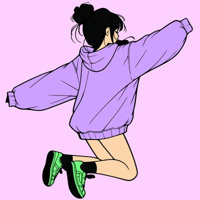 realistic girl jumping with a bun and oversized sweatshirt