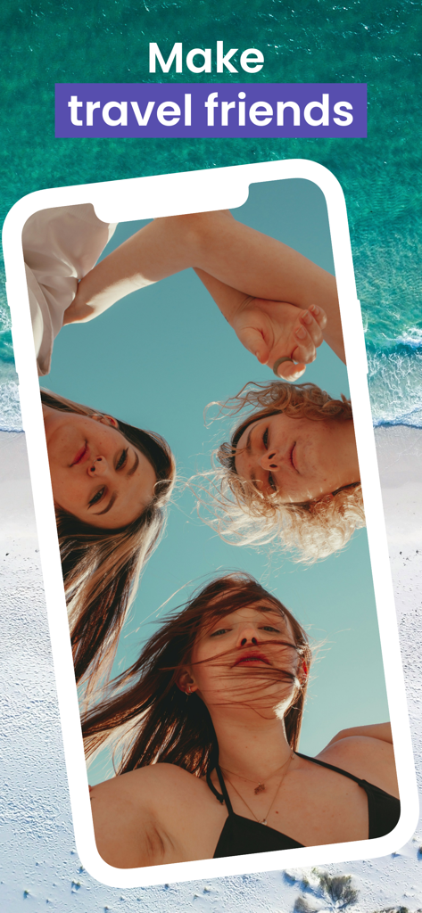 Travel Ladies - Three young women smiling together on a beach with the text Make travel friends