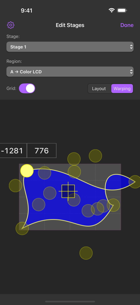 QLab Remote app interface for video warping and stage geometry editing