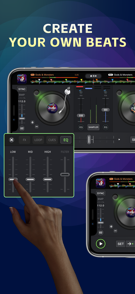Smartphone-Bildschirm zeigt die Benutzeroberfläche der DJing-App mit zwei Plattenspielern und EQ-Frequenzreglern