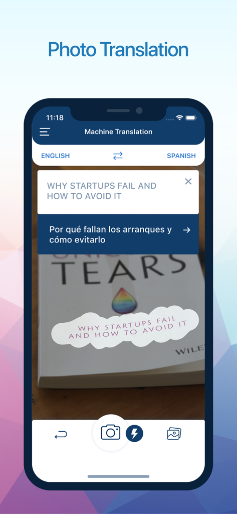 Captura de tela do aplicativo Translate.com mostrando o recurso de tradução de fotos convertendo texto em inglês de uma capa de livro para espanhol.
