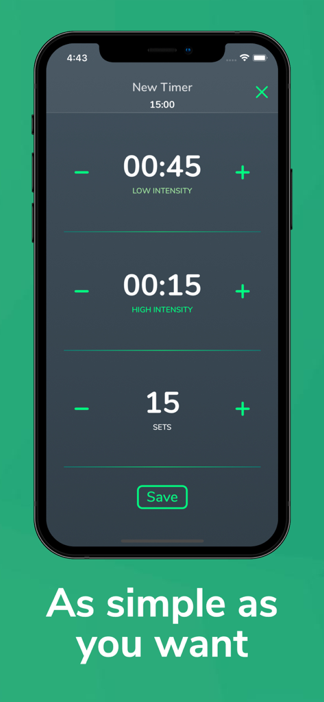 Smartphone screen showing the Cero app interface for setting up a simple HIIT interval timer with low and high intensity durations.