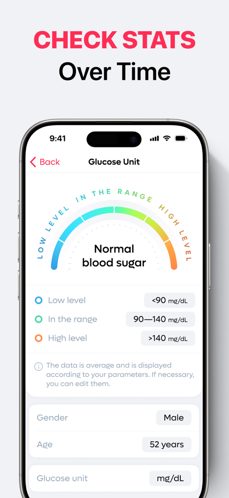 Blood Sugar & Glucose Tracking - Uma interface de aplicativo móvel mostrando um medidor de nível de açúcar no sangue com categorias para intervalos de glicose baixa, normal e alta, juntamente com as configurações do perfil do usuário