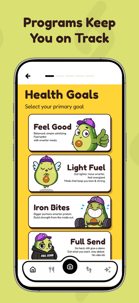 Amino: Free AI Calorie Tracker - Pantalla de selección de objetivos de salud de la aplicación Amino con diferentes programas de nutrición con mascotas de aguacate