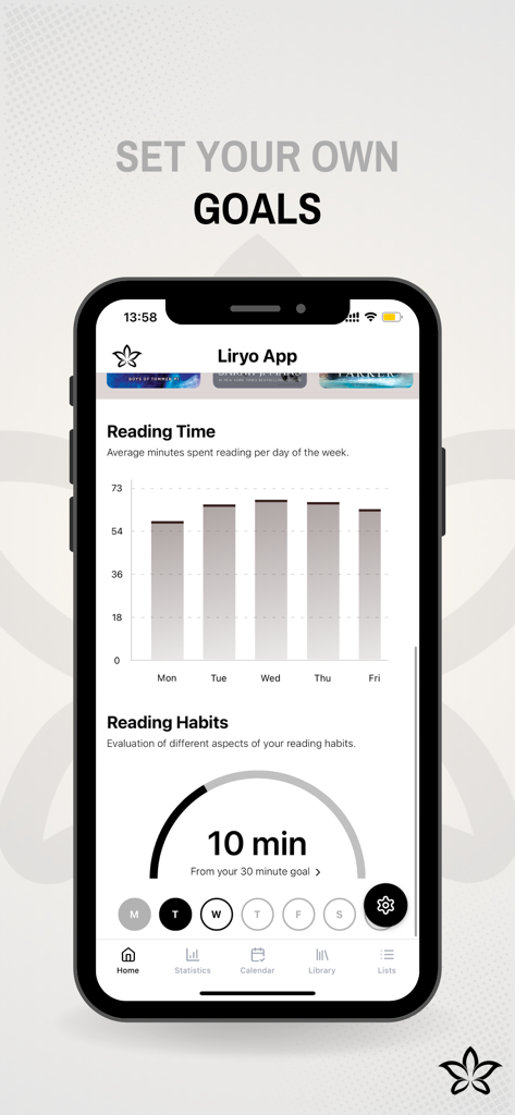 Liryo: Reading Journal - Pantalla de la aplicación Liryo que muestra gráficos de barras de tiempo de lectura y progreso diario hacia una meta de lectura de 30 minutos.