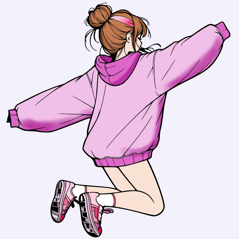 realistic girl jumping with a bun and oversized sweatshirt