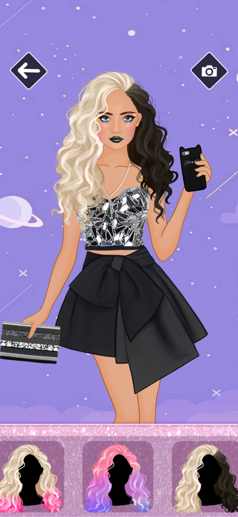 Sparkle Me - Makeover game - Sparkle Meで、スプリットブロンドと黒の髪、きらめくシルバーのトップスと黒いスカートを着たファッションキャラクター
