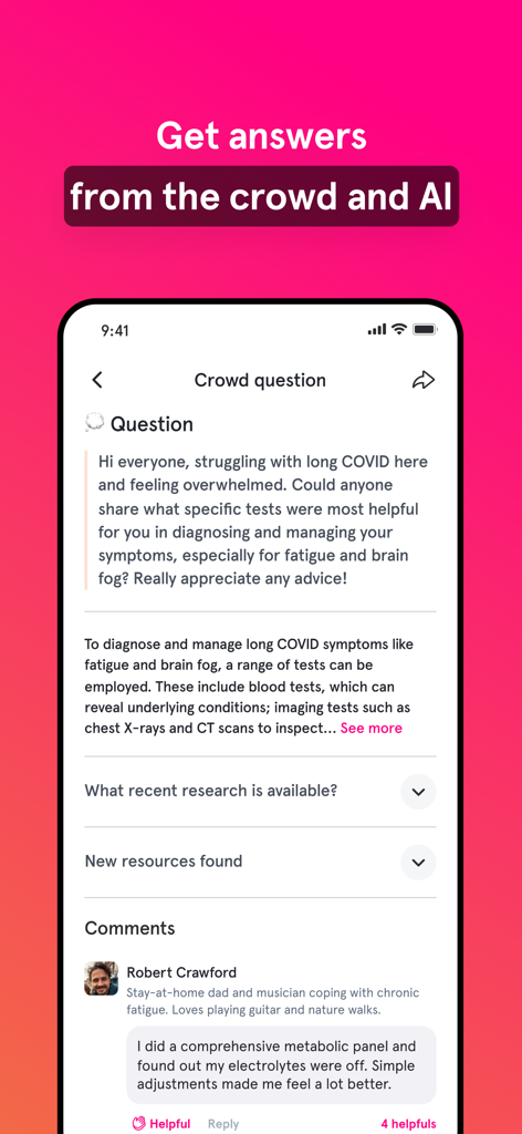 Turnto - Daily Breakthroughs - Interface of the Turnto app showing a crowd question about Long Covid with AI and community responses