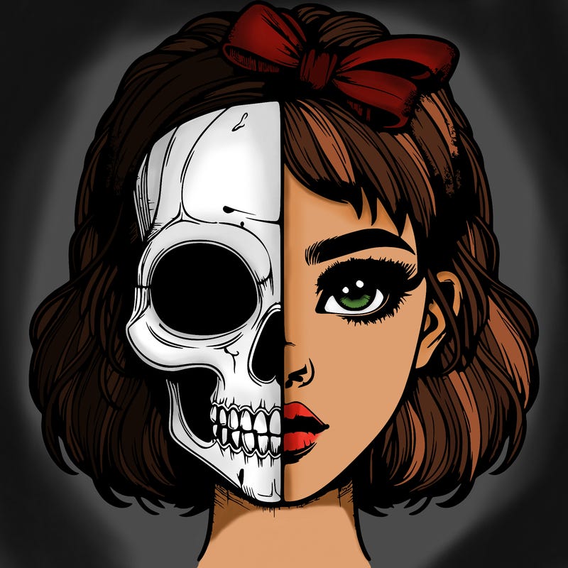realistic girl with half skull mask