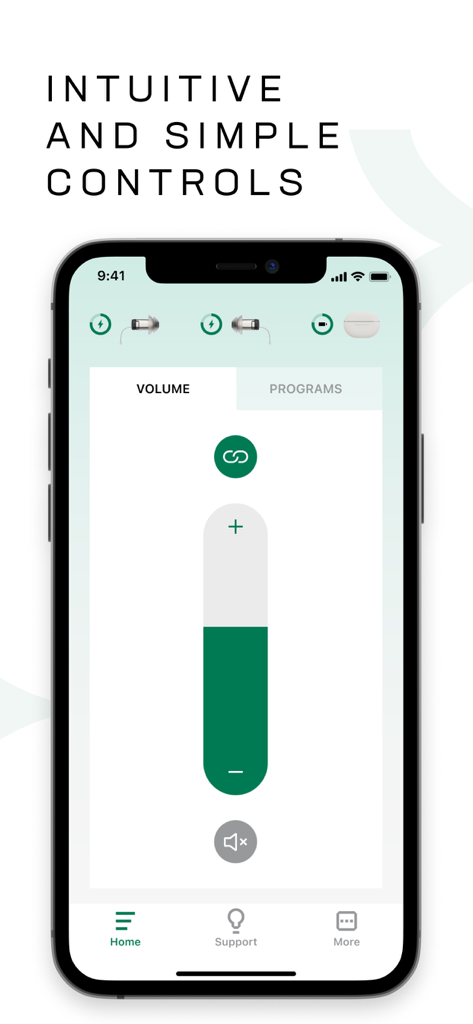 Zepp Clarity - Zepp Clarity mobile app interface showing a vertical volume control slider and hearing aid battery status indicators