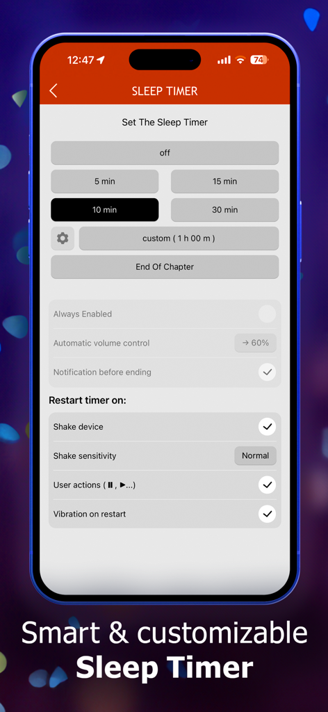 MP3 Audiobook Player Pro - Interfaccia timer di spegnimento personalizzabile per Lettore Audiolibri MP3 Pro che mostra le opzioni di riavvio tramite scuotimento
