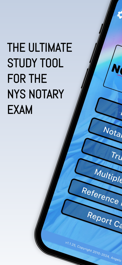 NY Notary Public Study App - Main menu of the NY Notary Public Study App showing exam preparation tools like practice tests and study guides