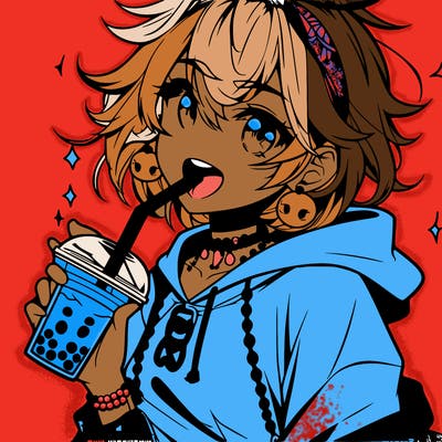 hot baddie anime girl drinking boba and biting the straw