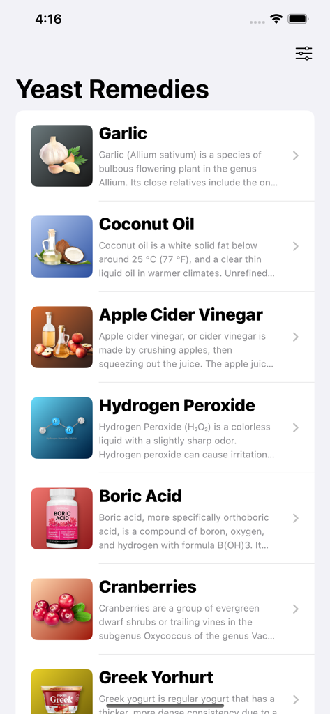 Eine mobile App-Oberfläche, die Hausmittel gegen Scheidenpilz auflistet, darunter Knoblauch, Kokosöl und Borsäure