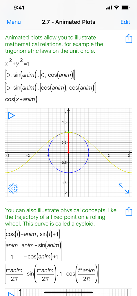 Mathematics with PocketCAS Pro - Interface of PocketCAS Pro showing animated mathematical plots and trigonometric formulas on a coordinate plane