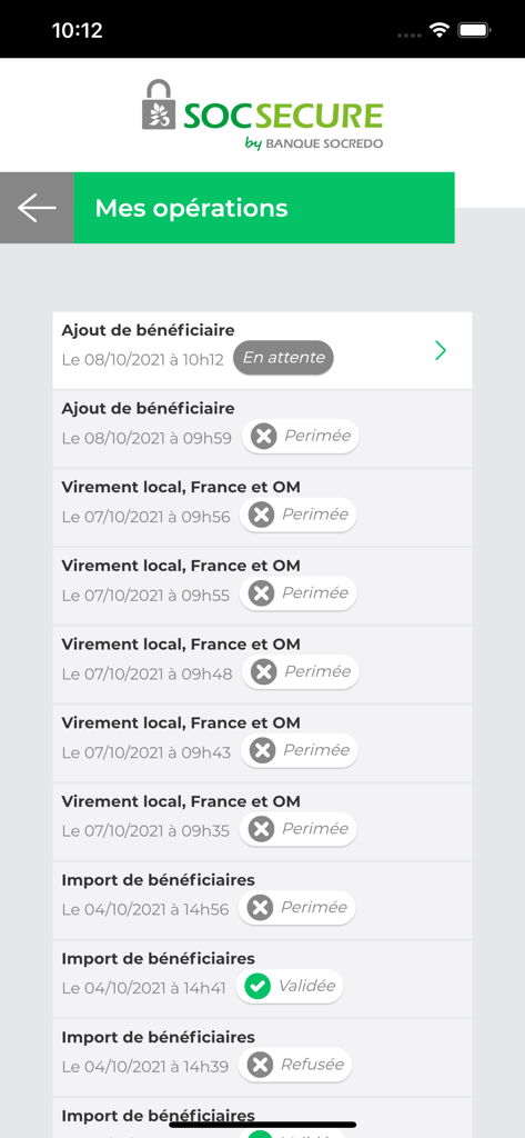 SOC Secure - Interface of the SOC Secure app showing a list of recent banking operations and their validation statuses