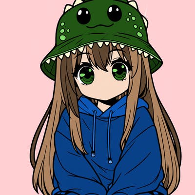 girl with anime shaped eyes with a dinosaur bucket hat oversized sweatshirt long straight hair