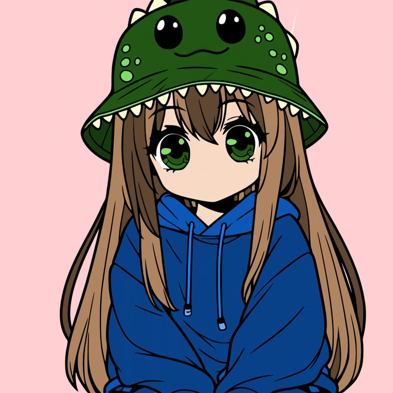 girl with anime shaped eyes with a dinosaur bucket hat oversized sweatshirt long straight hair