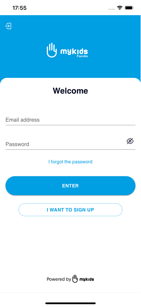 Login and welcome screen for the My Kids Family app showing email and password input fields
