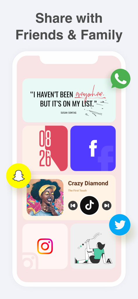 Wallpapers & Icons: Widgethub - Tela do iPhone mostrando widgets estéticos personalizados e ícones de aplicativos com opções de compartilhamento em mídias sociais