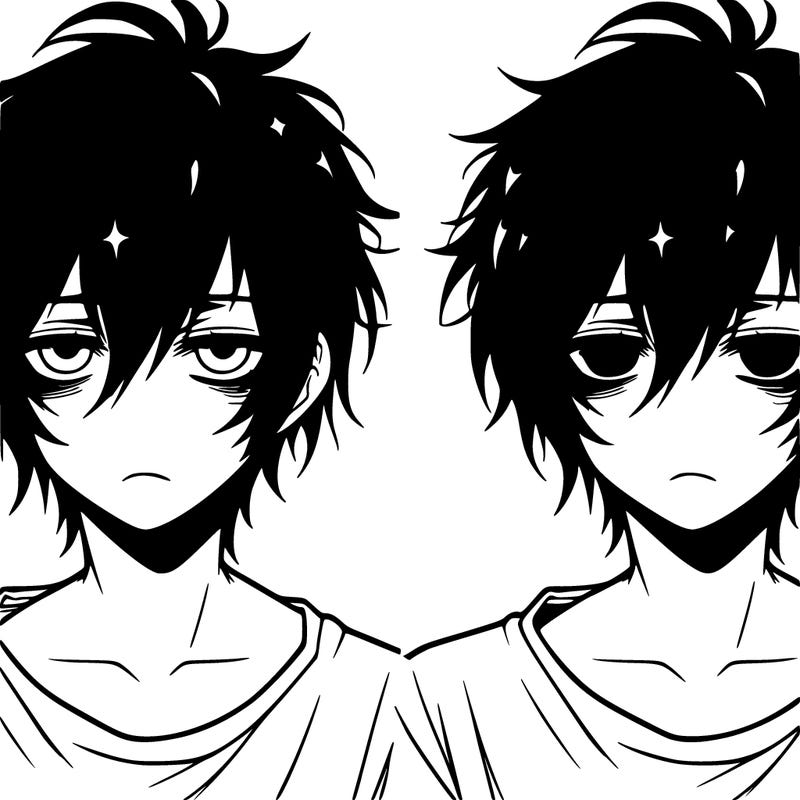 emo anime guy messy black hair white shirt eyebags