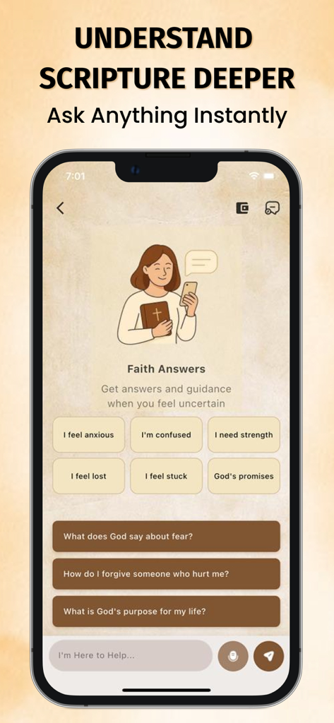 Scofield Reference Bible KJV - Faith Answers Chat-Oberfläche in der Scofield Reference Bible App für schriftenbasierte Anleitung