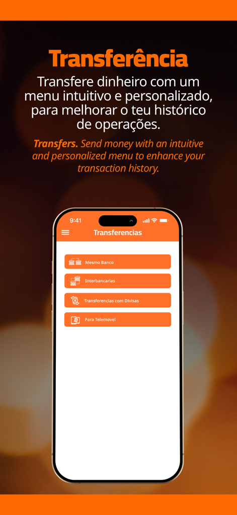 e-Daki - Interfaz móvil de la aplicación e-Daki que muestra diferentes opciones de transferencia bancaria en portugués