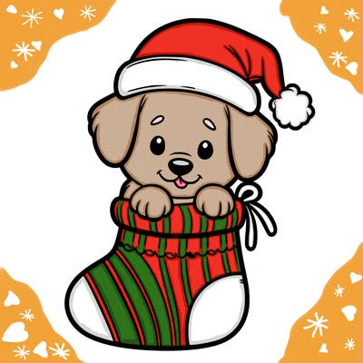 cute puppy wearing santa hat in socking