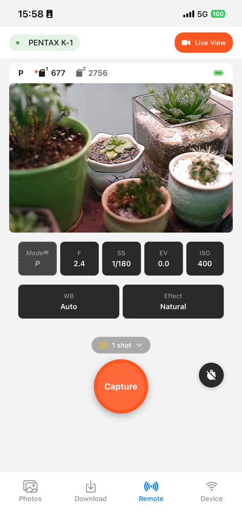 Smart Photo Sync - Smart Photo Sync app remote control interface showing a Pentax K1 live view and camera settings