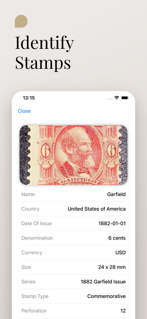 Stamp Identifier - Postage ID - Mobile app screen identifying a 1882 Garfield US postage stamp with detailed specifications