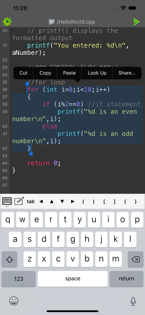C/C++ Programming Compiler - Mobile interface for C and C plus plus programming with code editor and custom keyboard