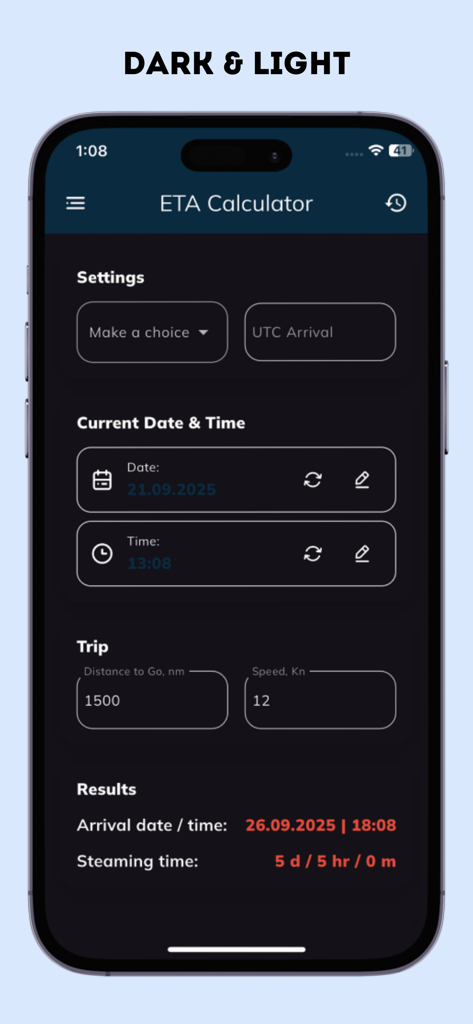 ETA Calculator app interface in dark mode showing maritime voyage planning results