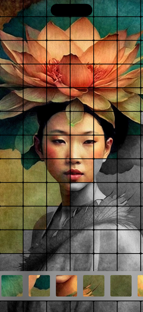 Fliese Puzzles: Tile Matching - Juego de puzles de emparejamiento de azulejos con un retrato dibujado a mano de una mujer con una flor de loto