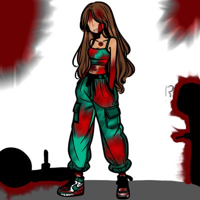 girl in baggy pants crop top and long hair