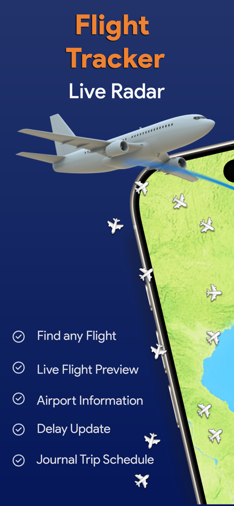 Flight Tracker · Live Radar 24 - Écran promotionnel de l'application Flight Tracker avec carte radar en direct et liste des fonctionnalités de voyage