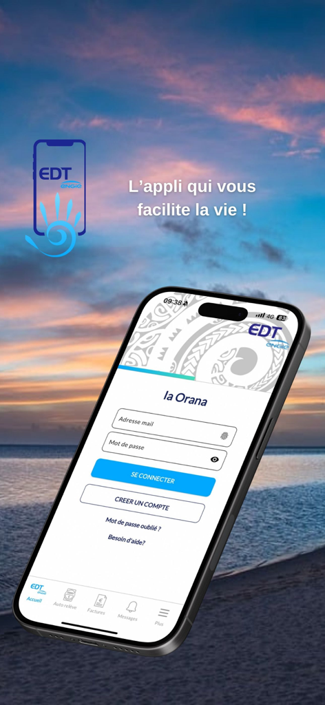 Electricité de Tahiti (EDT) - Login screen of the Electricite de Tahiti mobile app displayed on a smartphone.