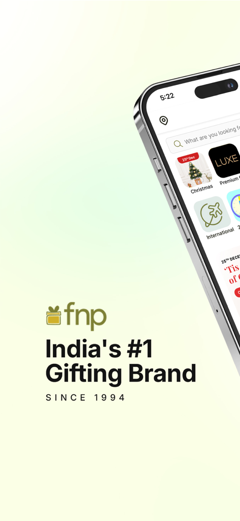 FNP mobile app splash screen highlighting its status as Indias leading gifting brand since 1994 with a preview of holiday gift categories.