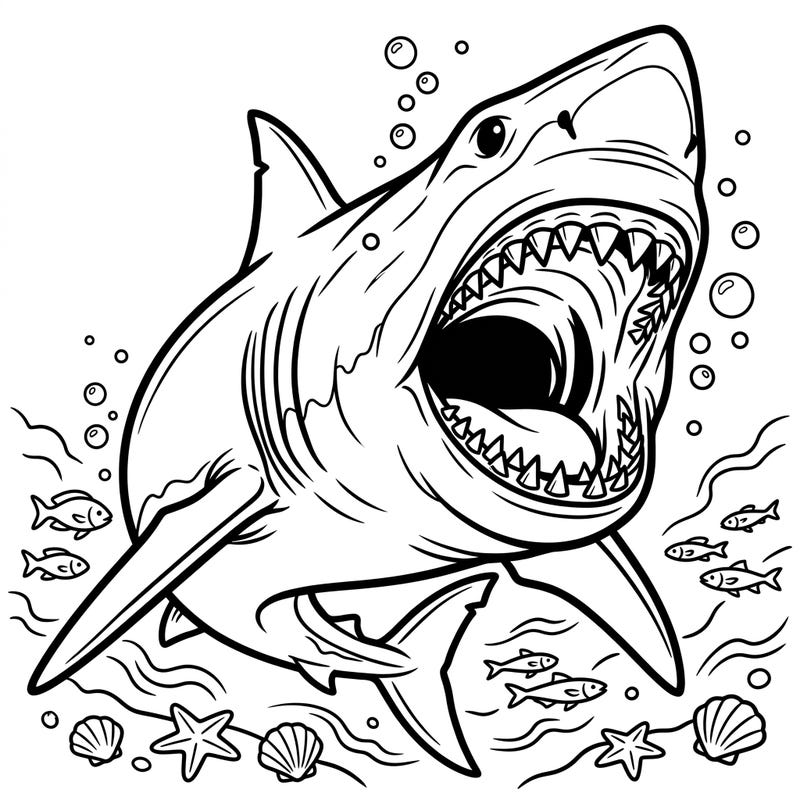Explore the awe-inspiring power of the ancient Megalodon shark with this engaging coloring page designed for kids. Bring its formidable jaws and the vibrant ocean world to life with your favorite colors.