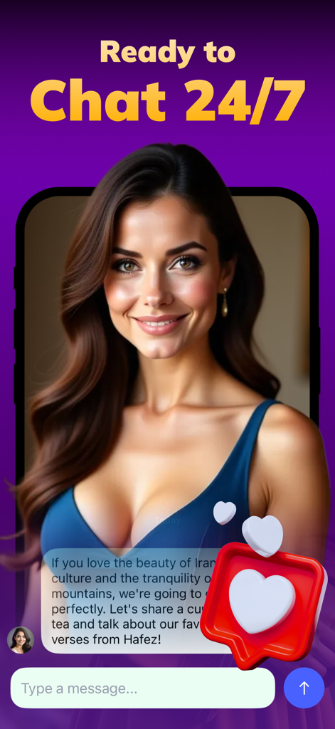 AI Girl Friend Chat  - AMA - AI Girl Friend Chat app interface featuring a realistic virtual companion and 24-7 chat availability message.