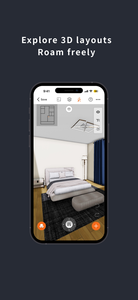JoyPlan-Quick House Design 3D - Mobile app interface showing a 3D bedroom layout with a small floor plan overview and furniture design tools.
