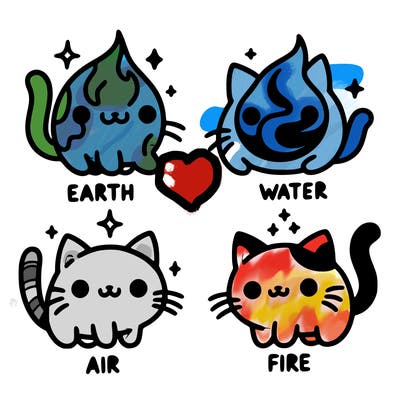 4 cats that represent the different elements, earth, water, air, and fire