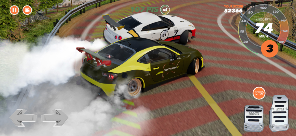 Car Double Drift: Beamng Drive - Dos coches deportivos realizando un derrape en tándem en una carretera de montaña con humo y HUD del juego